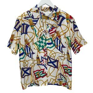 Vintage Susan Hutton Short Sleeve Blouse Sz 14 White Tassel Flag Print Secretary